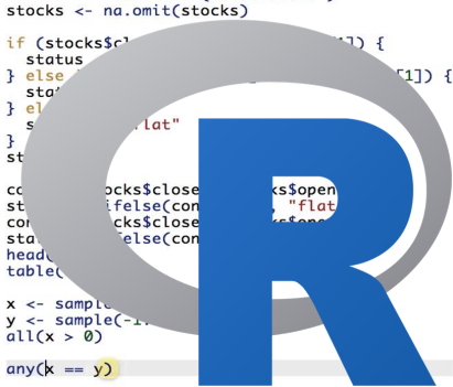 R logo over background of coding