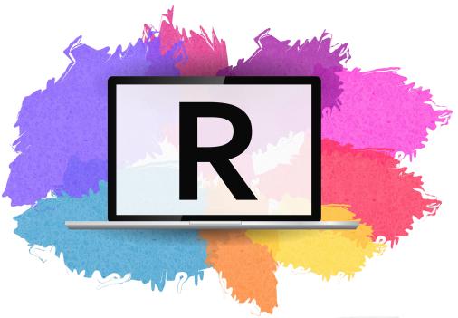 R on a laptop screen with bright colours behind it