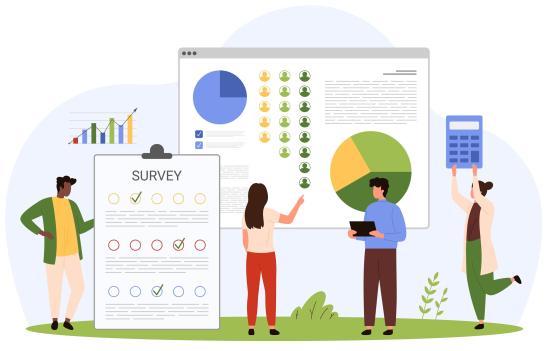  an image of a group of people looking at and analysing a survey