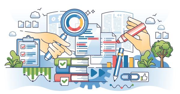 piles of books & text with an arm holding a magnifying glass