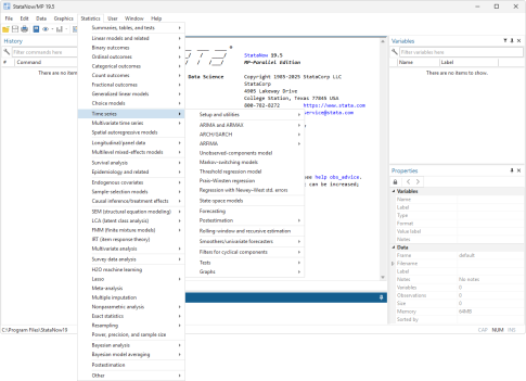 stata software showing times series menu item
