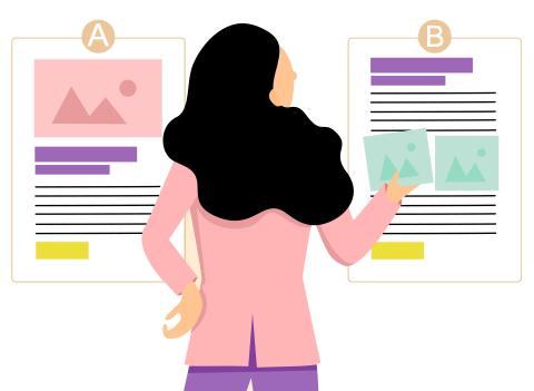 woman looking at text and images for analysis