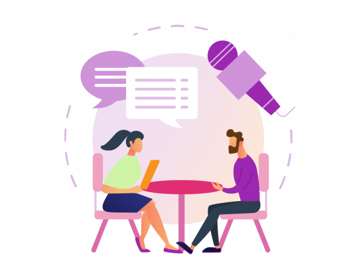 a drawing of a person interviewing another person at a table