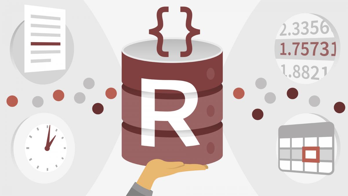 Person holding R logo with graphs in background