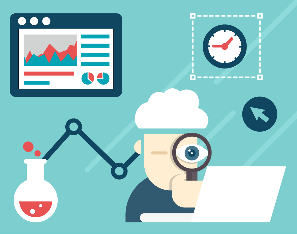 an illustration of somone looking at graph and laptop