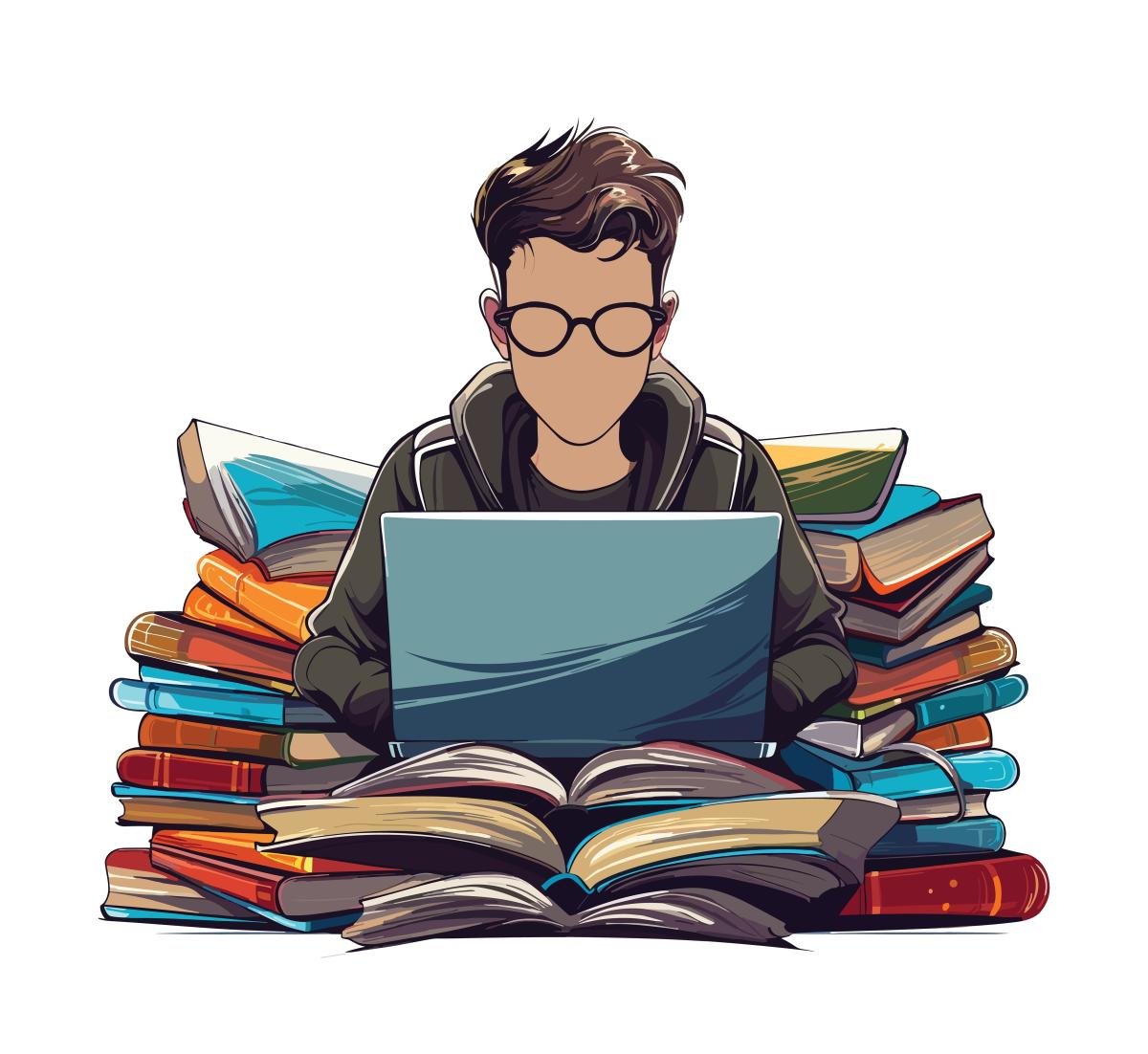 person sitting in front of a laptop surrounded by books and papers