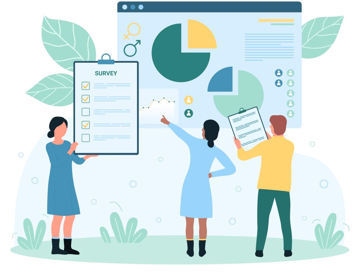picture of a group looking at a survey and graphs with results