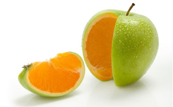 apple with a segment taken out revealing an orange inside