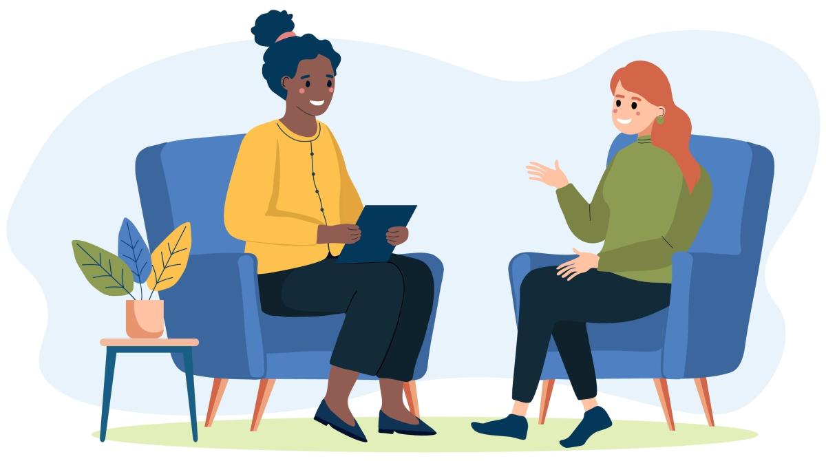 a drawing of a person interviewing another person