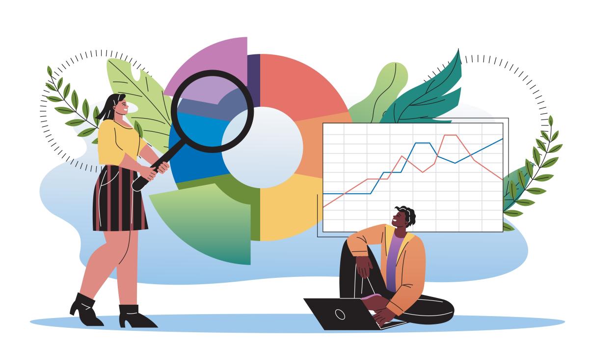 illustration of two peole looking at charts and graphs