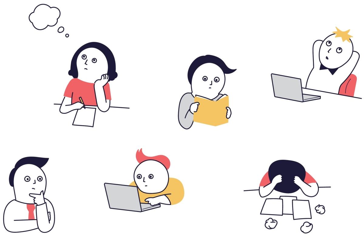 several cartoonish characters sitting around desperately trying to write