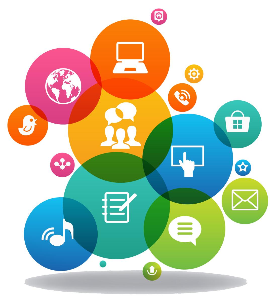 a drawing of multi-couloured bubbles with various objects illustrating discourse in the bubbles 